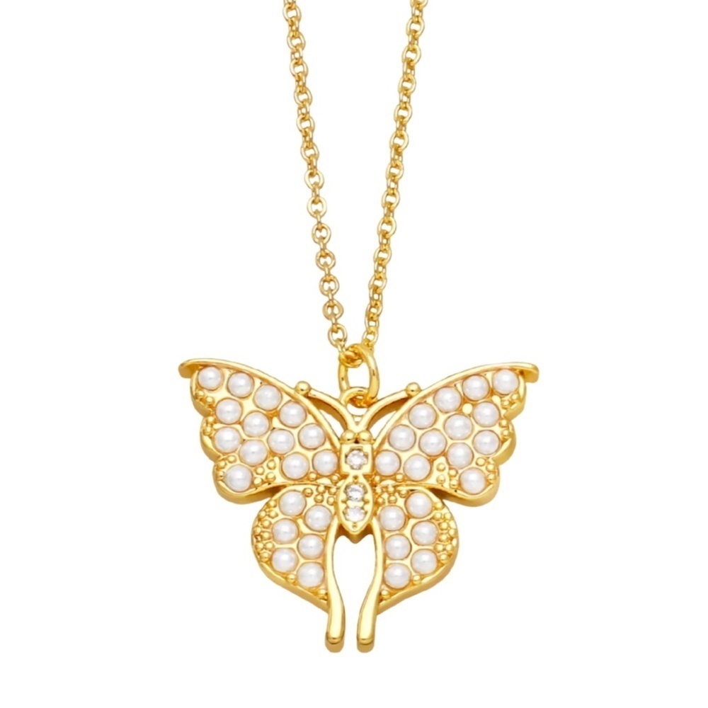Gold-Plated CZ & Pearl Butterfly Necklace – Elegant Statement Jewelry – NWT